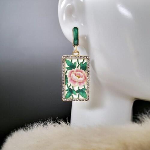 Fashion Rose Printing Enamel Pendants Earrings Korean 14K Gold-Plated Inlaid Miniature White Diamond Green Leaf Flower Earrings