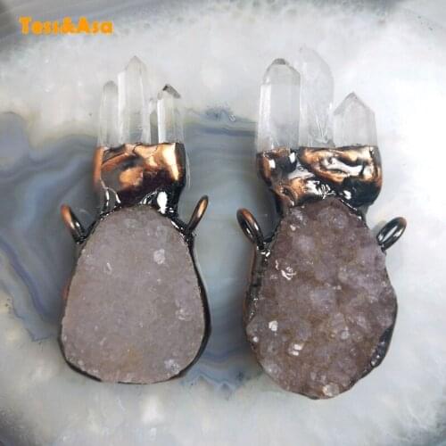 Natural Clear Quartz Druzy Pendant Bronze High Quality Cluster Crystal Pillar Handmade Gift For Making Women Necklace Jewelry