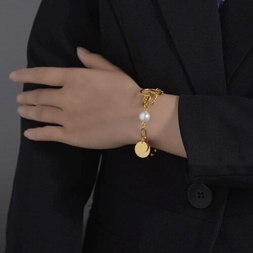 New Round Brand Pearl Couples Bracelet Steel Gold Color Chain Engrave Letter Numbers Bangel For Women Lovers Best Jewelry Gift