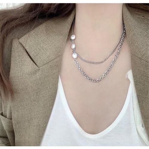 New Freshwater Pearl Necklace Double-Layer Chain Titanium Steel Necklace Unisex Women Men Punk Fashion Jewelry Party Lover Gift