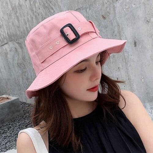 066F Korean Style Women Summer Solid Color Bucket Hat Elegant Buckle Belt Front Outdoor Sun Protection Wide Brim Beach Travel