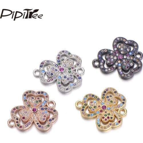 Pipitree Popular Flower Clover Charms Plant Jewelry Connector Copper Multi CZ Zircon Charms Bracelet Necklace DIY Making Finding