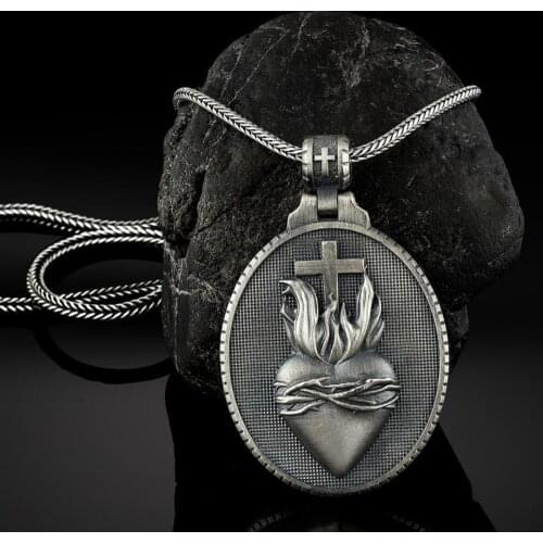 Christian Jesus Sacred Heart Medal Round Cross Pendant Necklace Mens Catholic Religious Pendant Chain Necklace