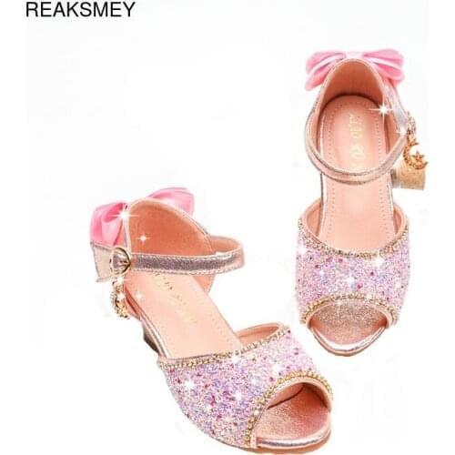 Girls Sandals Summer Bowtie Glitter Rhinestone High Heel Leather Shoes Kids Shoes for Girl Princess Princess Sandals SJD031