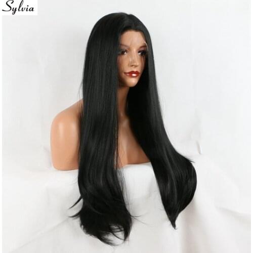 Sylvia Black Color Silky Straight Synthetic Lace Front Wigs Long Hair Glueless Fiber Lace Wig For Women Daily Use Heat Resistant