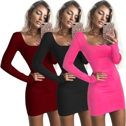 Long Sleeve Sexy Bodycon Dress Women 2021 Club Autumn Basic Solid Square Neck Wine Red Black Woman Mini Dress Winter