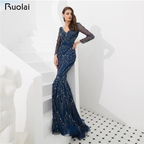 Navy Blue Elegant Evening Dresses Long Sleeve Beaded Evening Gown Mermaid Prom Dress 2019 Vestido de Fietsa SN2