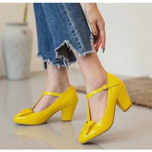 2020 High Heels Women Pumps Patent Leather Bow Block High Heel T-Strap Shoes Buckle Round Toe Party Shoes Lady Pink Size 32-43