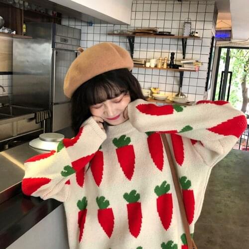 Women Oversized Fashion Knit Sweater Pullovers Round Neck Carrot Pattern Printed Sweet Pull Jumpers Long Sleeve Street Knit Top