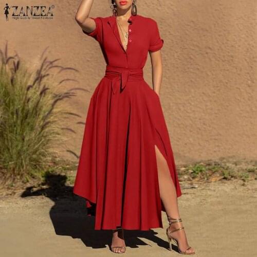 ZANZEA Autumn Women Long Sleeve Split Hem Maxi Long Sundress Casual Solid OL Work Shirt Dress Fashion Robe Femme Belted Vestidos