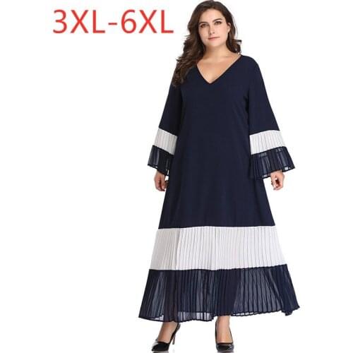 2021 spring autumn plus size dresses for women elegant loose casual long sleeve large V neck pleated dress blue 4XL 5XL 6XL 7XL