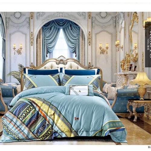 100S Egyptian cotton Bedding Set Fashion banner Bedding High density Bed linen Blue Bed Set Queen King size Sheet Duvet Cover