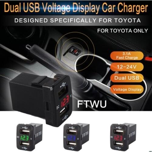 40x23mm 12V Dual USB Ports Car Charger LED Voltmeter Power Adapter For Toyota