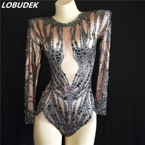 Sparkly Rhinestones Elastic Long Sleeve Bodysuit Bar Club Women Singer Stage Outfit Sexy Party Show Performance Dance Costume