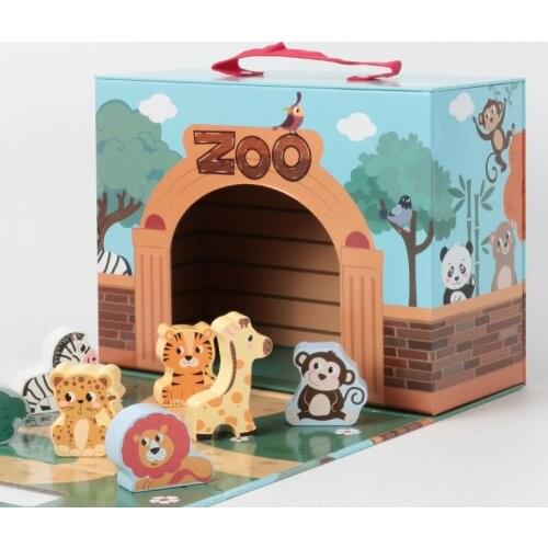 Children Wooden Early Education Cartoon City Animal Farm 3D Stereo Scene Building Blocks Baby Role Playing Animal Theme Set Toys