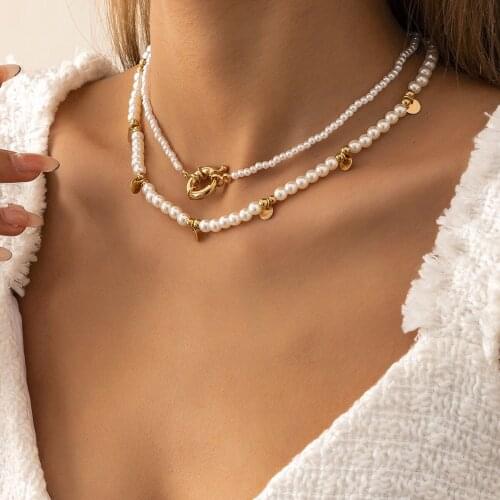 2pcs/set of elegant white faux pearl necklace womens collar wedding bridal beaded fashion necklace metal piece pendant necklace