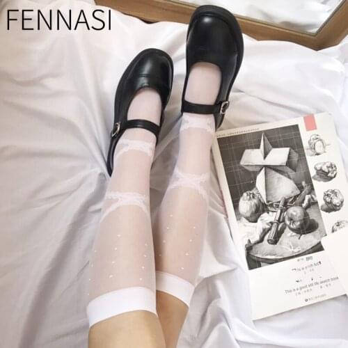 FENNASI Womens Transparent Socks Japanese Fashion Summer Thin Stockings White Cross Straps Bow Lolita Breathable Nylon Socks