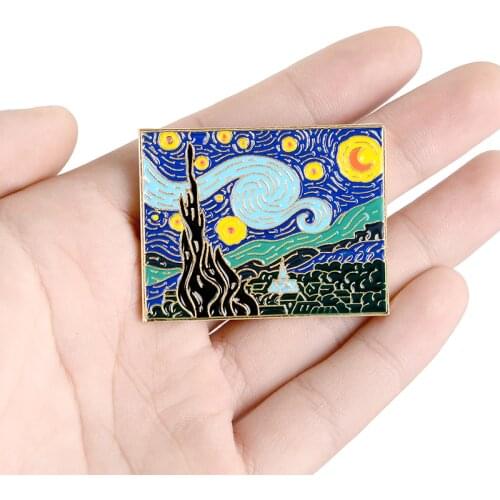 Art oil painting van gogh starry night World famous paintings Moon Nebula Mountain River Enamel brooch Fashion art badge