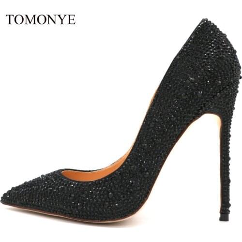 Classical black rhinestone pointed toe party club women lady 12cm thin heel crystal performance enlarged big small size shoes