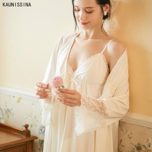 2 PCS Autumn White Female Robe Gown Set Bride Dressing Gown Sexy Cotton Lace Princess Nightie Sets Home Wear Honeymoon Sleepwear