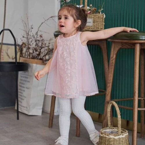 Hollead Summer Baby Girls Sleeveless Dress Cute Round Neck Embroidered Floral Pink Lace Princess Dresses Loose Breathable