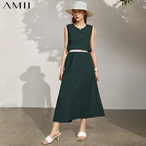 Amii Minimalism Summer Womens Dress Offical Lady Solid Oneck Sleeveless Aline Loose Beach Dress Womens Summer Dress 12170211