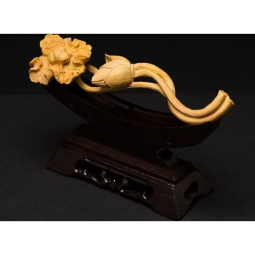 Lotus Pond Frog Luck Ruyi with Base Wood Carving Hand Sculpture Lotus Boxwood Carvings Lucky Gifts Men Buddha Religion Statue