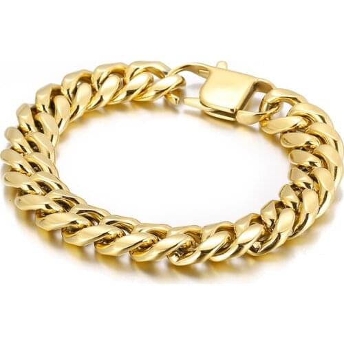 14mm Curb Cuban Chain Golden Hip Hop Dubai Link Mens Stainless Steel Bracelet Jewelry