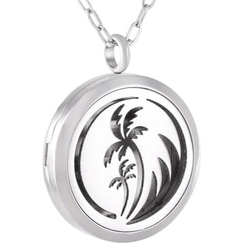 KLH0122-9 Wholesale Coconut Tree Aromatherapy Essential Oil Diffuser Necklace Stainless Steel Locket Pendant 12 Felt Pads