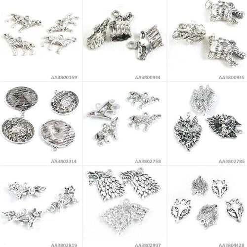 Antique Silver Tone Jewelry Making Charms Wolf Head Fox Wolfhound Dog Tag Signs Bracelet Pendant Necklace