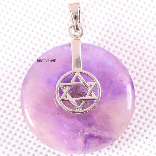 Silver Color Women Necklace Pendant Natural Gem Stone 30MM Round Bead Purple Crystal Star 1Pcs K756
