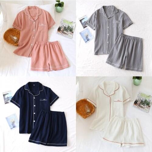 Japanese Summer Couple Pajamas Suit Cotton Crepe Ladies Solid Color Simple Short-sleeved Shirt Shorts Pajamas Mens Home Service