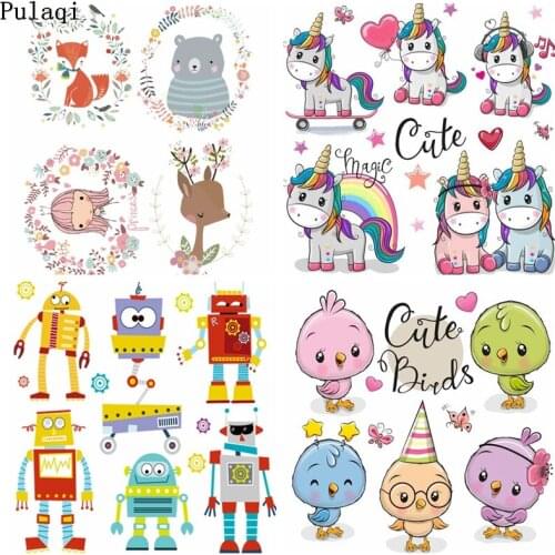 Pulaqi DIY Iron on Transfer for Clothes Stickers Cartoon Animals Cute Bear Patch Thermal Heat Transfer Vinyl Baby Cloth Applique