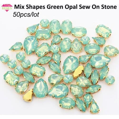 RESEN 50PCS Mix Shapes Green Opal Sew On Stones With Gold Bottom Claw Resin Rhinestones DIY Clothing Accessories