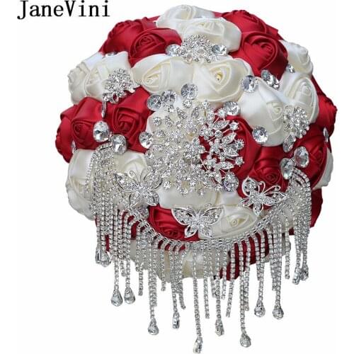 JaneVini Luxury Bling Beaded Tassel Burgundy Flowers Bridal Bouquets Artificial Satin Roses Wedding Brooch Bouquet Accessories