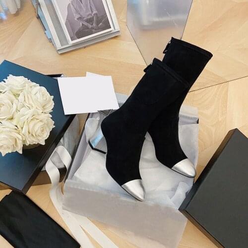 Hot Sell Womens Boots Pointed Toe Genuine Leather Boots Classic Soft Mid Calf Boots Luxury Brands Comfortable High Heel Boots