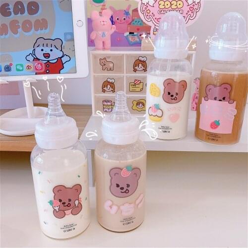 Cartoon bear Glass Water Cup Straw Glass Child Scale Cup Breakfast Milk Cup Juice Cup Seal with Cover Childrens Breakfast Cup