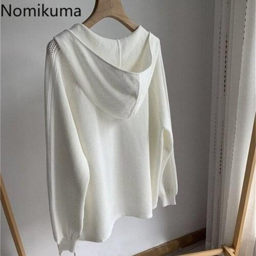 Nomikuma 2021 Spring Summer Thin Hooded Knitted Sweatshirt Causal Korean Hollow-out Hoodies Top Long Sleeve Women Jumpers 6G036