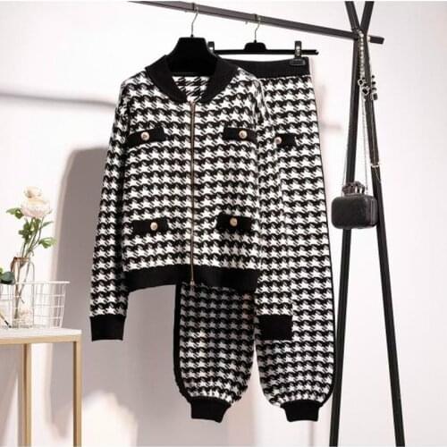 Houndstooth Wool Knit Cardigan Jacket Coats Two-piece Set Women Autumn Winter Elasticated Waist Pants Fashion Set tracksuit