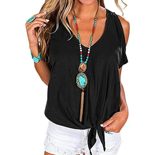 Hem Knotted Off-Shoulder Short-Sleeved T-Shirt Women Sexy V-Neck Solid Color Female Loose Tops Hollow Out Lady Summer Shirts D30