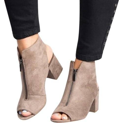 Cool Sandals Ankle Boots Faux Suede Leather Casual Open Peep Toe High Heels Zipper Fashion Square Rubber Black Shoes For Women