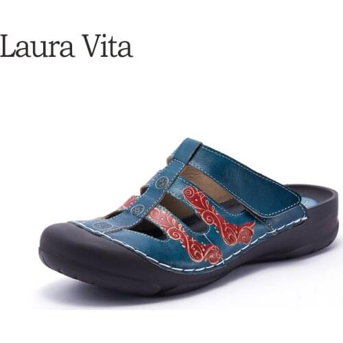 Laura Vita Retro Genuine Leather Adjustable Sandals Comfortable Casual Flat Women Shoes Handmade Mark Line Ladies Shoes