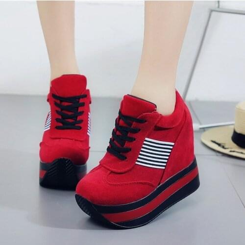 Womens High Top Hidden Wedge Heels Sneakers Lace Up Casual Sport Shoes Super High Black Red Athletic Korean New 2021