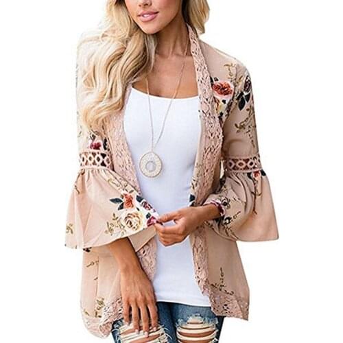 Womens Hollow Out Lace Stitching Cardigan Fashion Printed Sunscreen Clothes Smock Loose Thin Coat Leisure Vacation Beach Wear