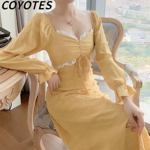 COYOTES Womens Dresses Square Collar Bellflower Design Dress Women French Style Bandage Side Zipper Yellow Dress Sweet Fashion