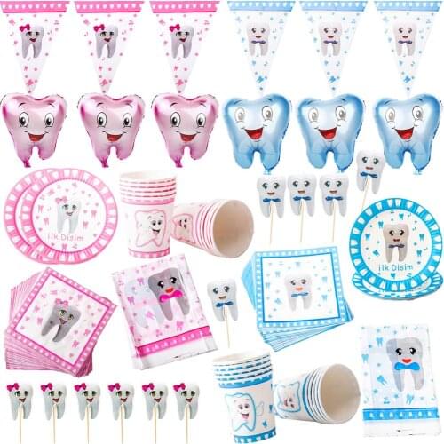 1set Boy/Girl My First Tooth Party Decor Supplies Disposable Tableware Paper Plates Cups DIY Baby Shower Birthday Tooth Balloon