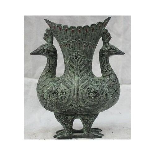 8" Elaborate Chinese Archaistic Folk Bronze Two Peacocks Bottle Vase