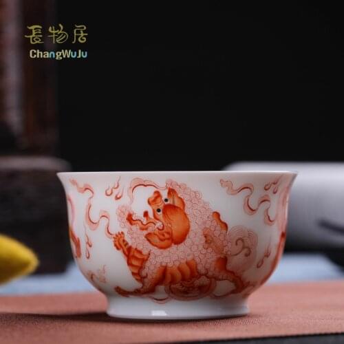 Changwuju in Jingdezhen Cups & Saucers handmade Kung-Fu tea ware of the iron red tea cup painted by Jinhongxia as Chinese gift