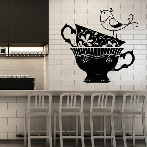 Tea Cups Wall Decal Flowers Ornament Little Bird Kitchen Cafe Restaurant Interior Decor Vinyl Window Stickers Art Mural M012