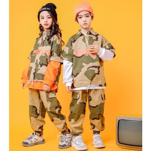 Children Hip Hop Jazz Dance Costumes camouflage Hoodies Trousers Suit Street Dance Drum Stage Outfits 6 8 10 12 14 16 18 Years